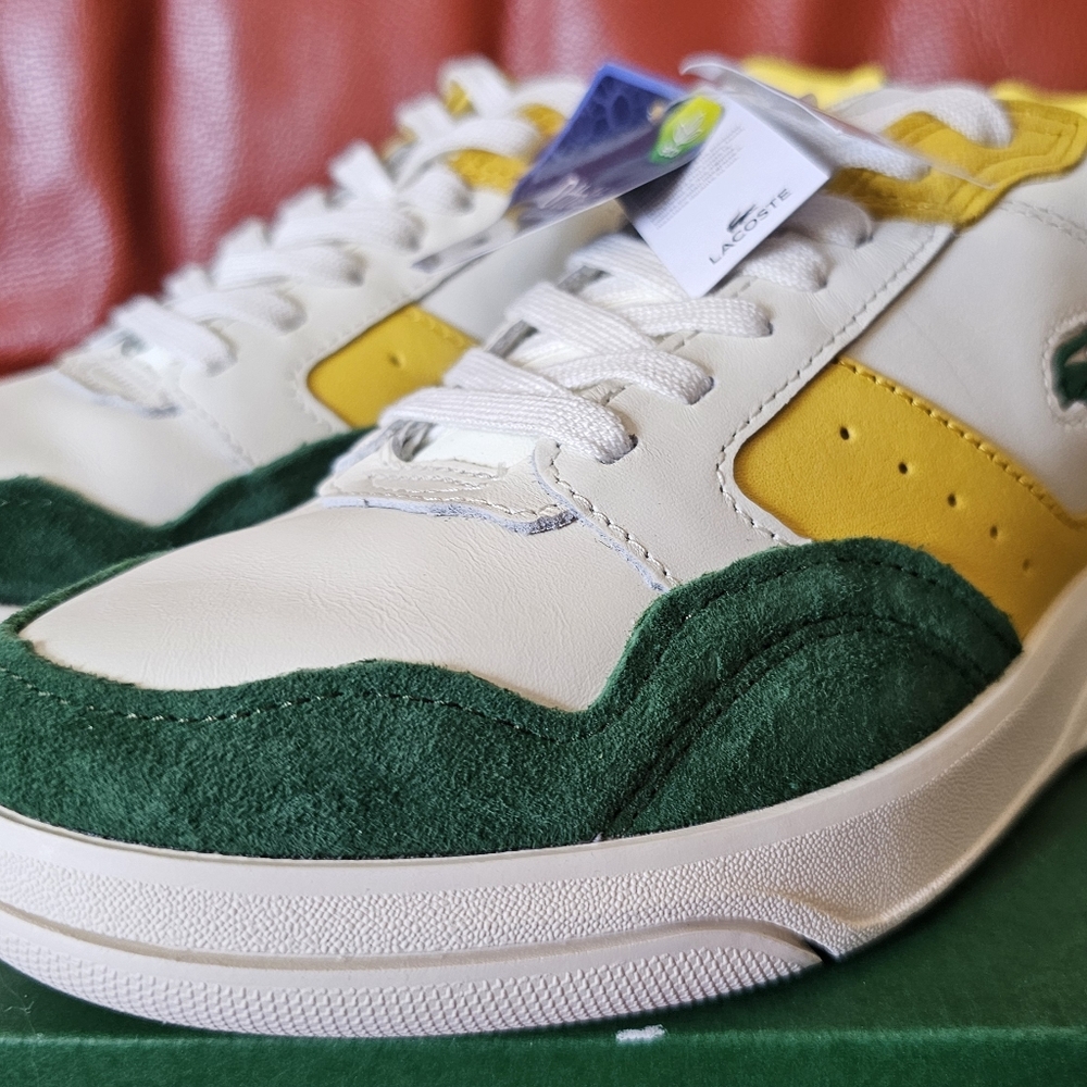 NIB Lacoste Game Advance Luxe White, Yellow, and Green Sneakers Size 8.5